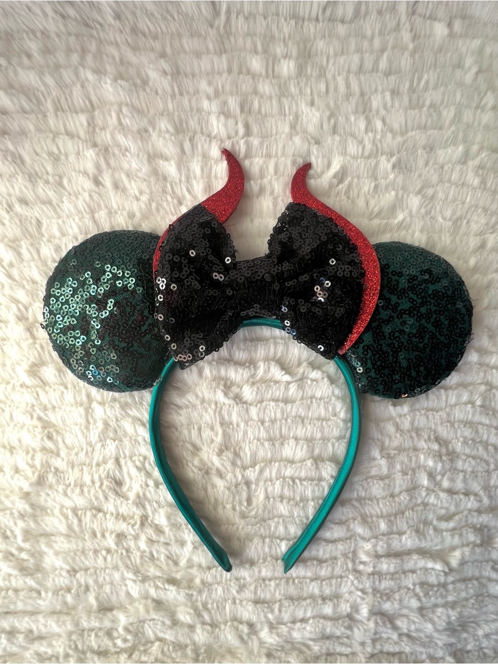Green Sequin mouse ears Headband with Black Bow and Red Horns